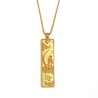 18k Gold Plated Rectangle Shape 12 Constellation Pendant Necklace Stainless Steel Waterproof Fashion Women's Jewelry
