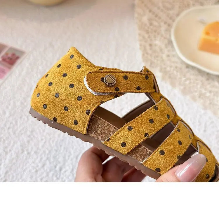 All Over Print Polka Dot Children Sandals for Girls Suede Leather Summer Students Holiday Shoes Girl Daily Shoes Cut-outs I05103