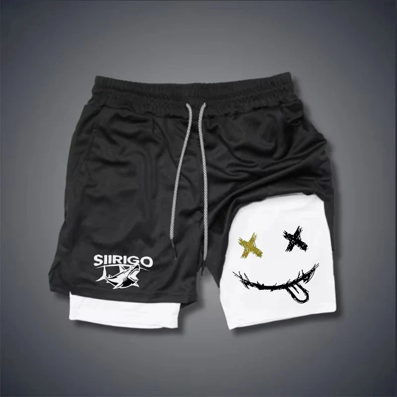 2024 Men's Smiling Face Printed Fitness Shorts Double-Layer 2-in-1 Quick Drying Fitness Outdoor Leisure Training Sports Shorts