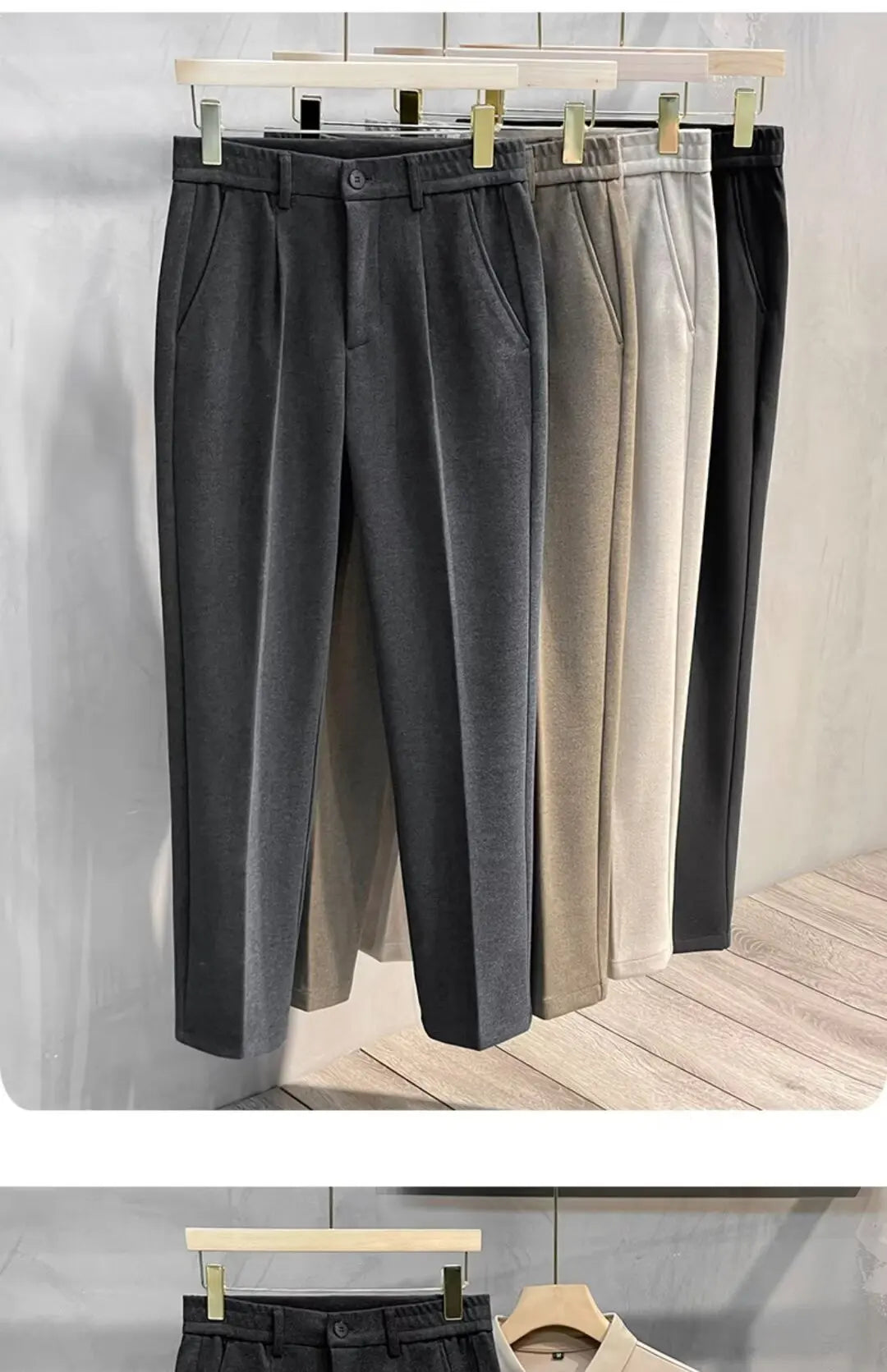 Men's Woolen Straight Leg Casual Pants Autumn Winter Thickened Fashionable Nine Point Pants mid Waist Pure Color Anti-Wrinkle