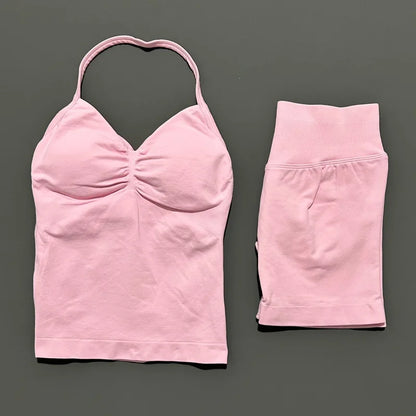 2 Piece Sports Set Women Seamless Yoga Tank With Removable Pads Top Scrunch Butt Workout Leggings Suit Gym Sports Sets