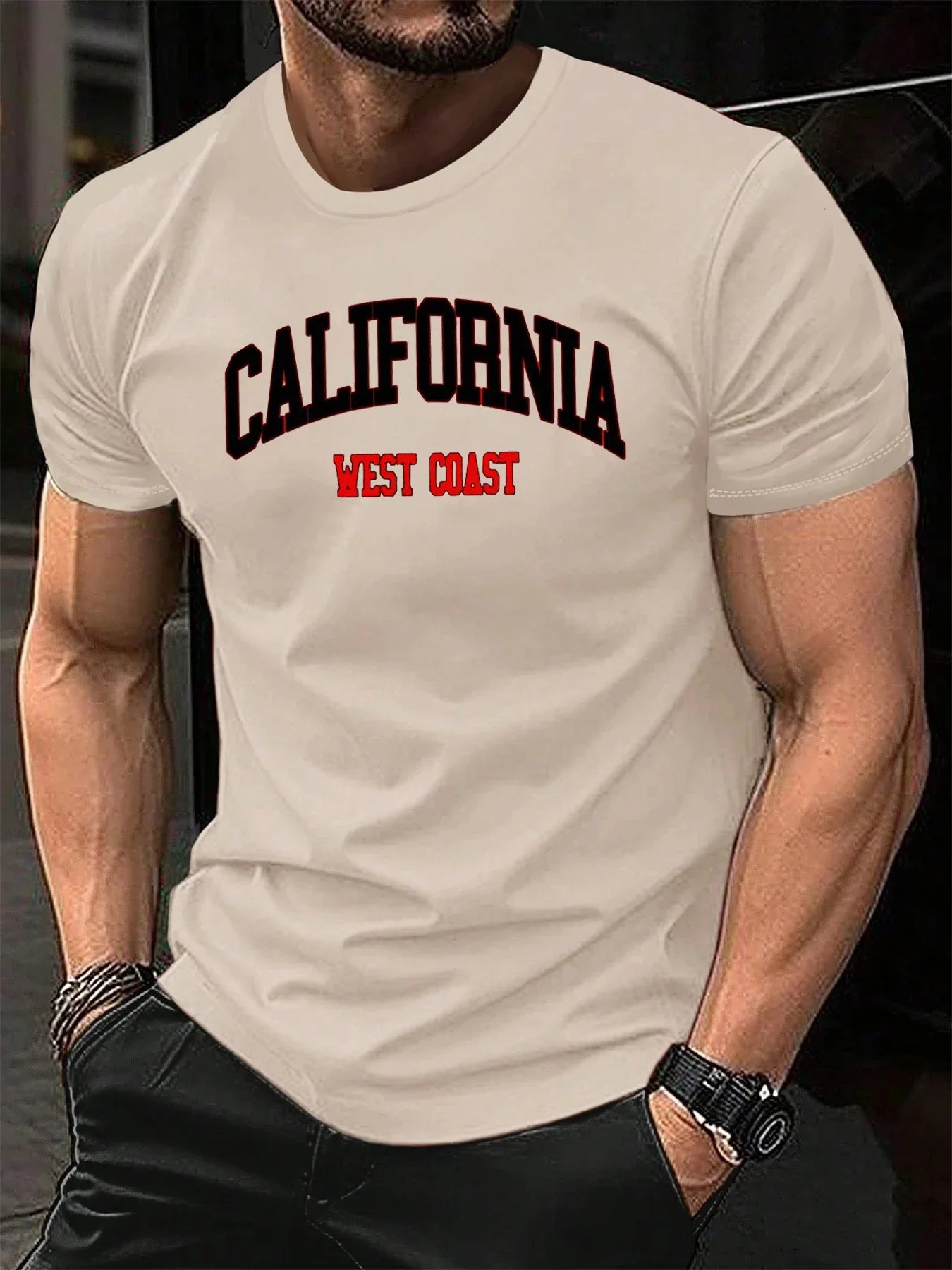 100% pure cotton summer men's casual loose California letter printed sports breathable short sleeved round neck T-shirt