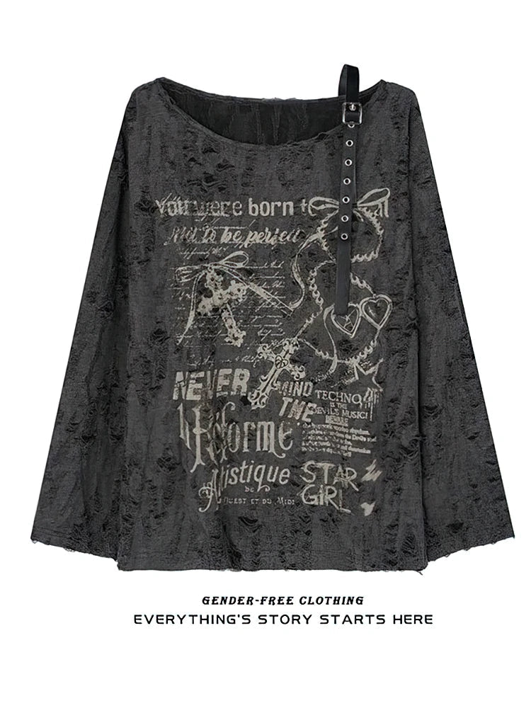 Vintage Y2K Oversize Off shoulder T shirt With Print Women Ripped Top Hole Long sleeve Baggy Basic T shirt Pulovers Ladies Tops