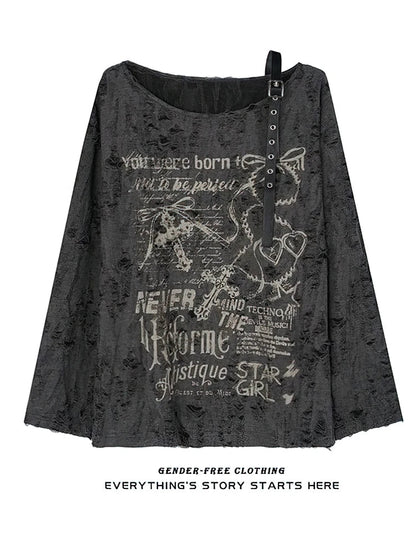 Vintage Y2K Oversize Off shoulder T shirt With Print Women Ripped Top Hole Long sleeve Baggy Basic T shirt Pulovers Ladies Tops