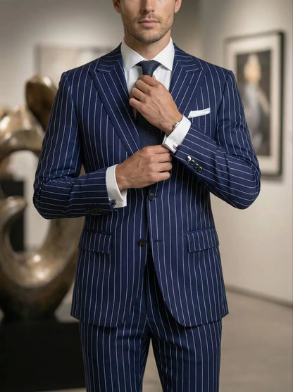 Two Piece Pinstripe Men's Suit Slim Fit for Formal Wedding Tuxedo Notched Lapel Navy Blue Striped Business Groom Male Fashion