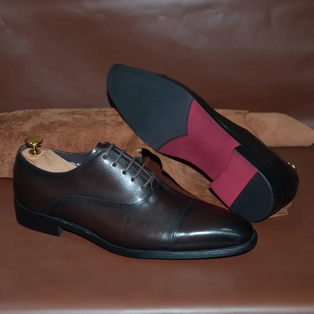 Classic Cowhide Genuine Leather Mens Dress Shoes Black Brown Cap Toe Lace-Up Oxford Company Business Office Formal Shoes for Men
