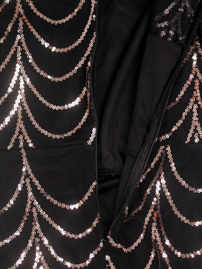 Vestido Formal Longo de Festa com Lantejoulas, Manga Comprida, Gola O Alta, Ombreiras, Forro Comprido, Vestido de Noite para Festa