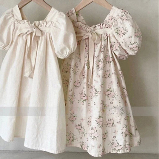 Saia de verão para boneca, vestido de princesa com laço e manga bufante para bebê, vestido floral com decote quadrado
