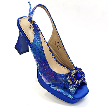 Elegant Women Heels for Peep Toe Good Material Design Rhinestone Fuchsia Sandals Italian Shoes and Bags Matching Set 2025
