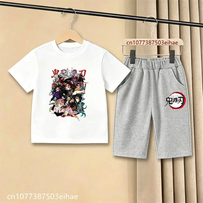 Demon Slayer Ghost Blade Character Print Kids T-Shirt Casual Shorts Anime Comic Design Summer Comfortable Daily Wear Outfit Set
