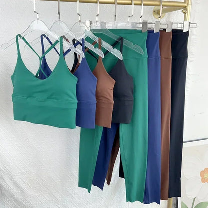 2 Piece Yoga Set Sportswear Fitness Suits Sexy Cross back Yoga Tops Elasticity High Waist Leggings Running Sports Clothing