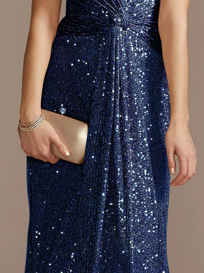 Luxury Blue Floor Length V-Neck Evening Dresses Women Elegant Wedding Party Maxi Sequins Short Sleeves Prom Cocktail Gowns
