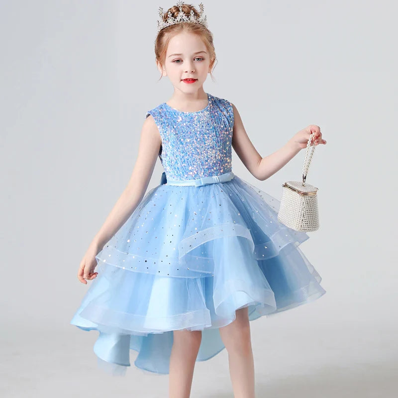 Summer Sequin Lace Tuxedo Wedding Dress for girls 3-13 years old Sleeveless fluffy Mesh gauze Doveark brand
