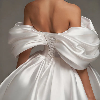 Elegant Puffy Short Wedding Dresses A Line Satin Off Shoulder Bridal Party Gown Mini Backless Ball Gown For Women Vestidos Novia