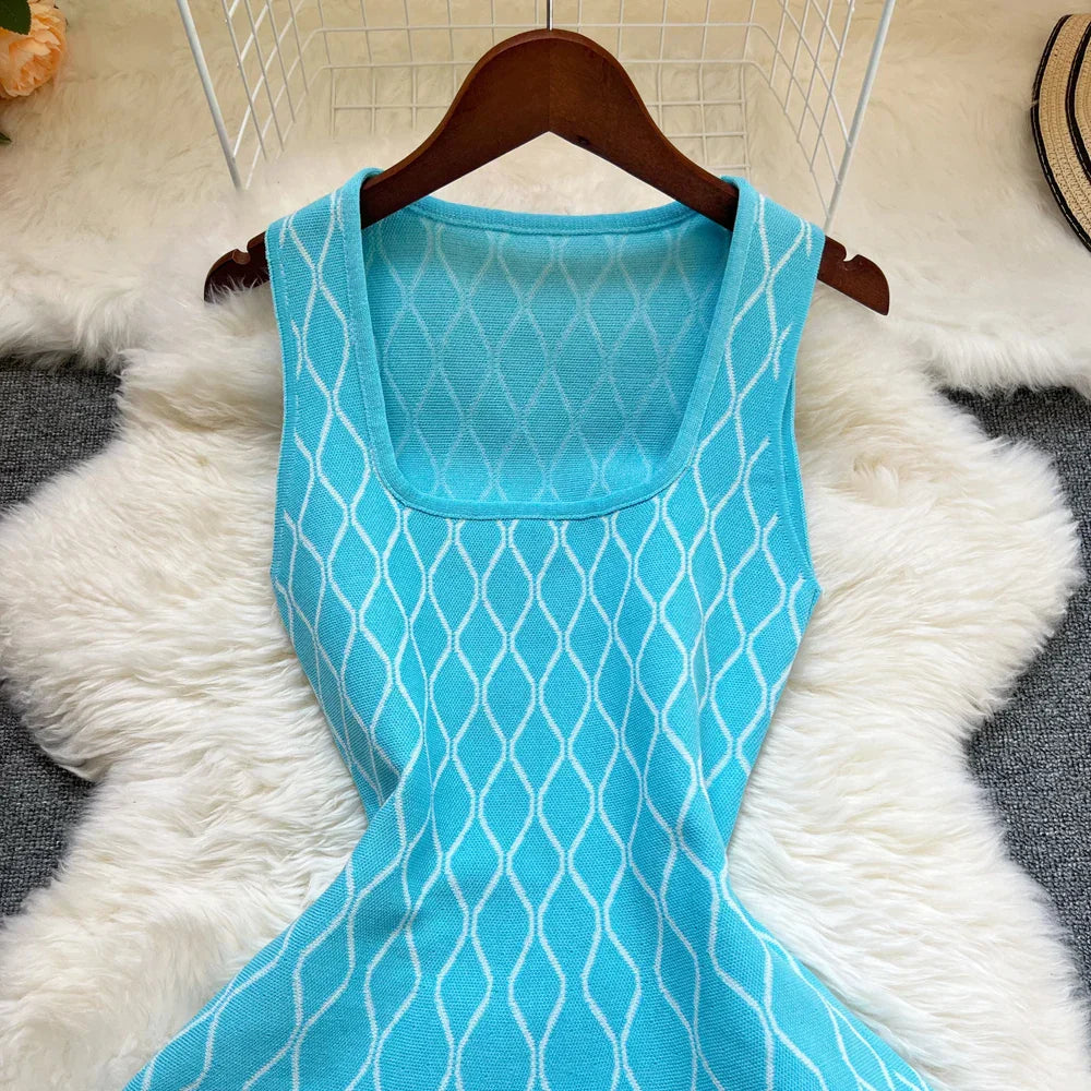 Fashion A-line Short Women Dress Elegant Y2K Geometric Knitted Summer Dress Female Harajuku Black Party Vestidos