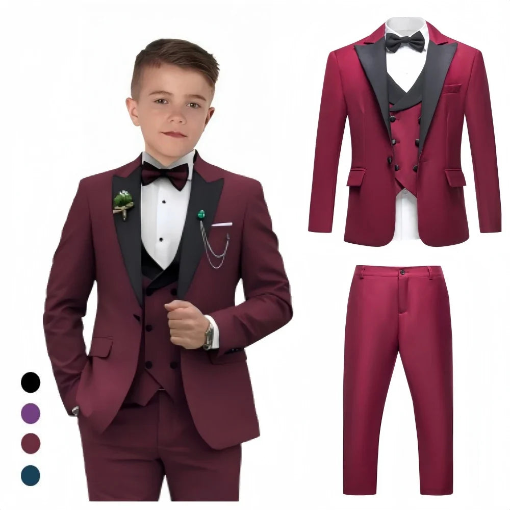 Vintage 4-Piece Suit Set for Boys 3-14 Years, Black Peak Laple Kids Formal Tuxedo Set, Blazer Vest Pants Bow-tie Graduation Suit