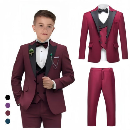 Vintage 4-Piece Suit Set for Boys 3-14 Years, Black Peak Laple Kids Formal Tuxedo Set, Blazer Vest Pants Bow-tie Graduation Suit