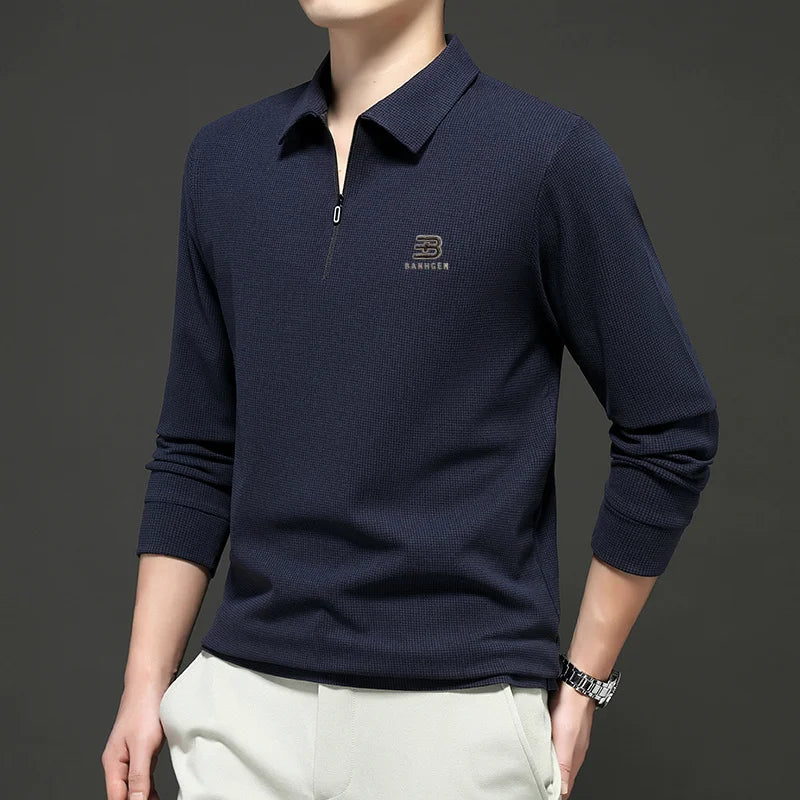 High Quality Polo Shirtspring and Autumn Long Sleeved Men's T-shirt Printed Pattern New Business Casual Solid Color Loos T-shirt