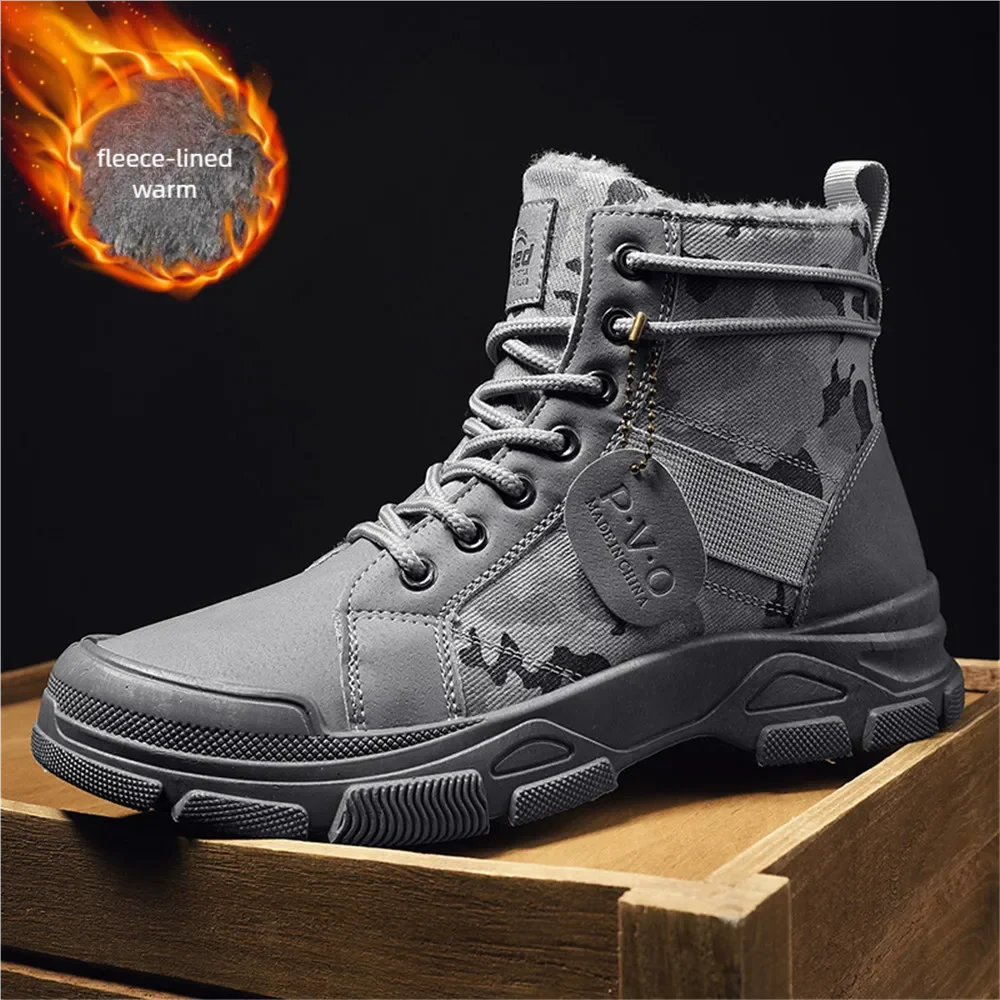 Men's canvas boots autumn winter new plus velvet high-top warm casual boots outdoor boots camouflage tooling boots desert boots