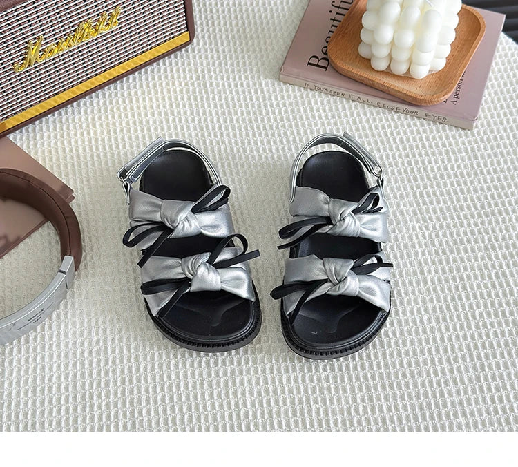 2026 Summer Girls Princess Sandals with Double Bow-knots Soft Fashion Classic Kids Summer Beach Shoes Open Toes Sweet Anti-skid