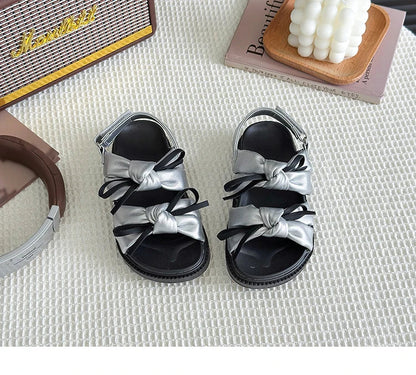 2026 Summer Girls Princess Sandals with Double Bow-knots Soft Fashion Classic Kids Summer Beach Shoes Open Toes Sweet Anti-skid