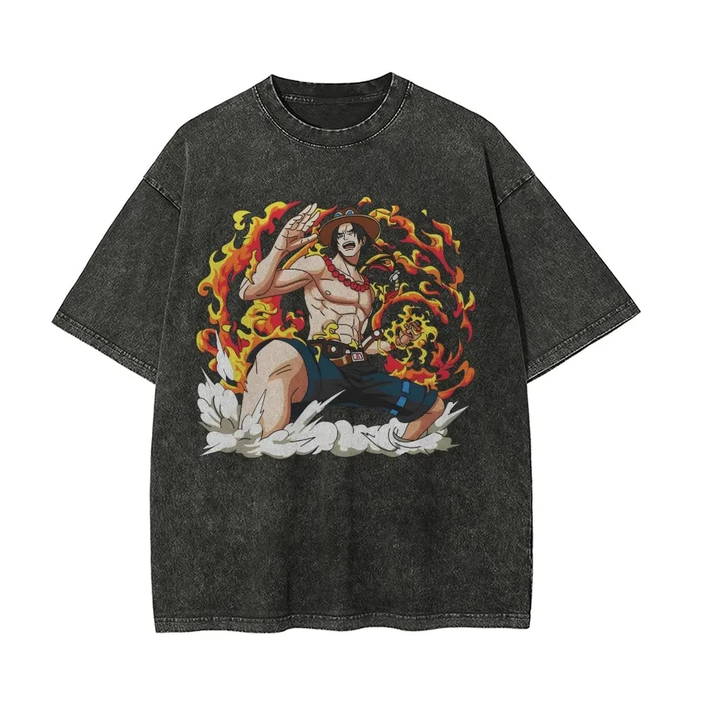 Anime Retro Washed Printed T-shirt for Men and Women 2025 Popular Summer Street Casual Short-sleeved Crew Neck Top