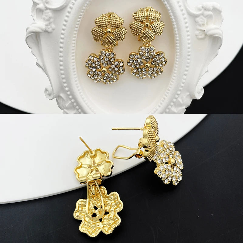 Dubai Nigeria Jewelry Sets For Women Luxury Design Five Petals Flower Pendant Necklace Earring Bracelet And Ring