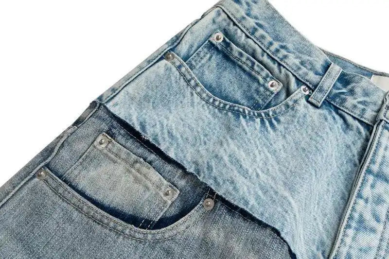 Niche Colorblock Patchwork Wide Leg Blue Jeans Men's Spring 2025 New Straight Double Waist Design Denim Trousers 28W6048
