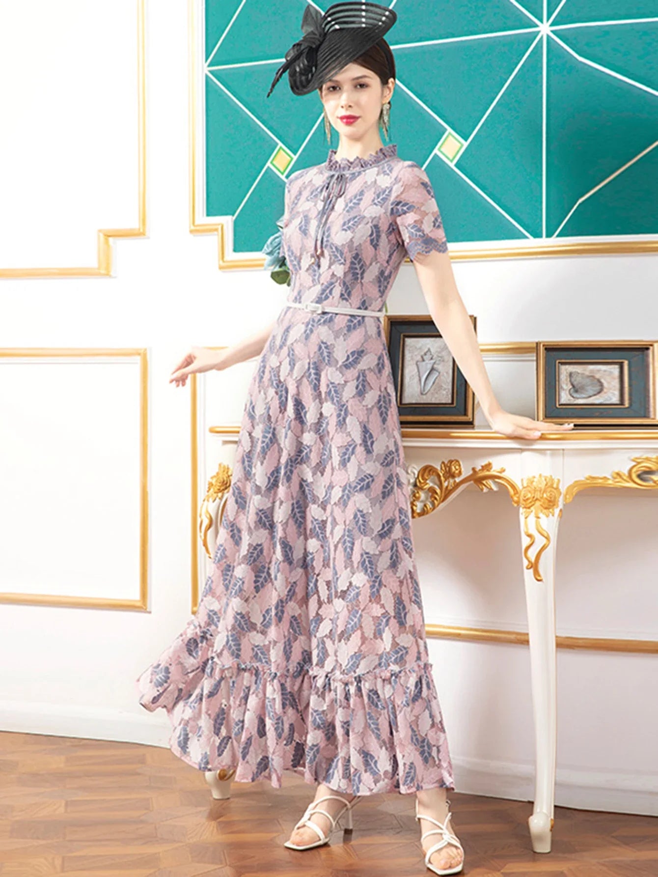 Vintage Short Sleeve Lace Hollow Out Dress For Women Summer Slim Elegant Long Dress Female Clothing Evening Party Dress