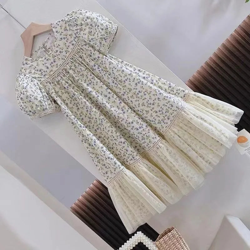 Retro Printed Princess Dress For 4-14Yrs Teenager Girls 2025 New Summer Children Clothes Short Sleeve Lace Loose Elegant Dress