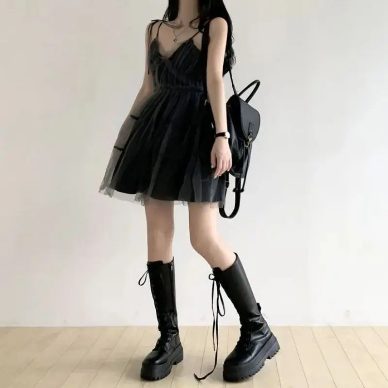Y2k Black Mesh Women's Ball Gown Dresses 2025 New Sleeveless Strapless V-neck Party Sexy Mini Dress for Womens