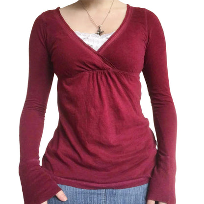 Women y2k Long Sleeve Bodycon T-Shirts Sexy V Neck Low-cut Solid Color Soft Slim Fit Tops Spring Fall Casual Going Out Tee Top