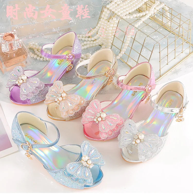 Children's Princess Shoes Summer New Girls' Performance High Heels Fashion Pearl Bow Baby Crystal Sandals