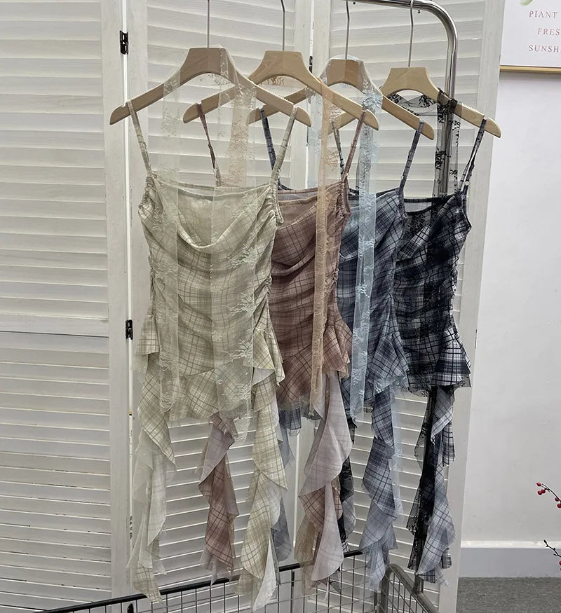 Y2K Plaid Camisole for Women Summer Casual Lace Scarf Breathable Stretch Mesh Patchwork Asymmetrical Ruffle Slim Tops