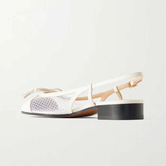 Summer White Cowhide Tassels Closed Toe Sandals Square Toe Hollow Low Heel Mesh One Word Buckle Sandals Commute