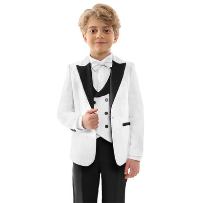 Elegant Textured White and Black Children Formal Suit Flower Boy Tuxedo for Wedding and Birthday Blazer Vest Pants Bow Tie