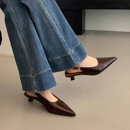 Sexy Pointed Toe Mid Heels Sandals Women Shoes Slingback Summer 2025 Trend Dress Leather Pumps New Elegant Party