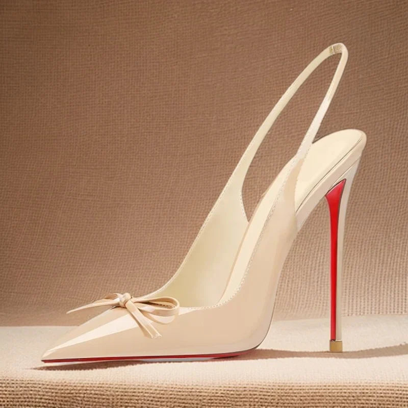 New black nude wine red patent leather pointed small bow back empty style plus size socialite high-heeled sandals