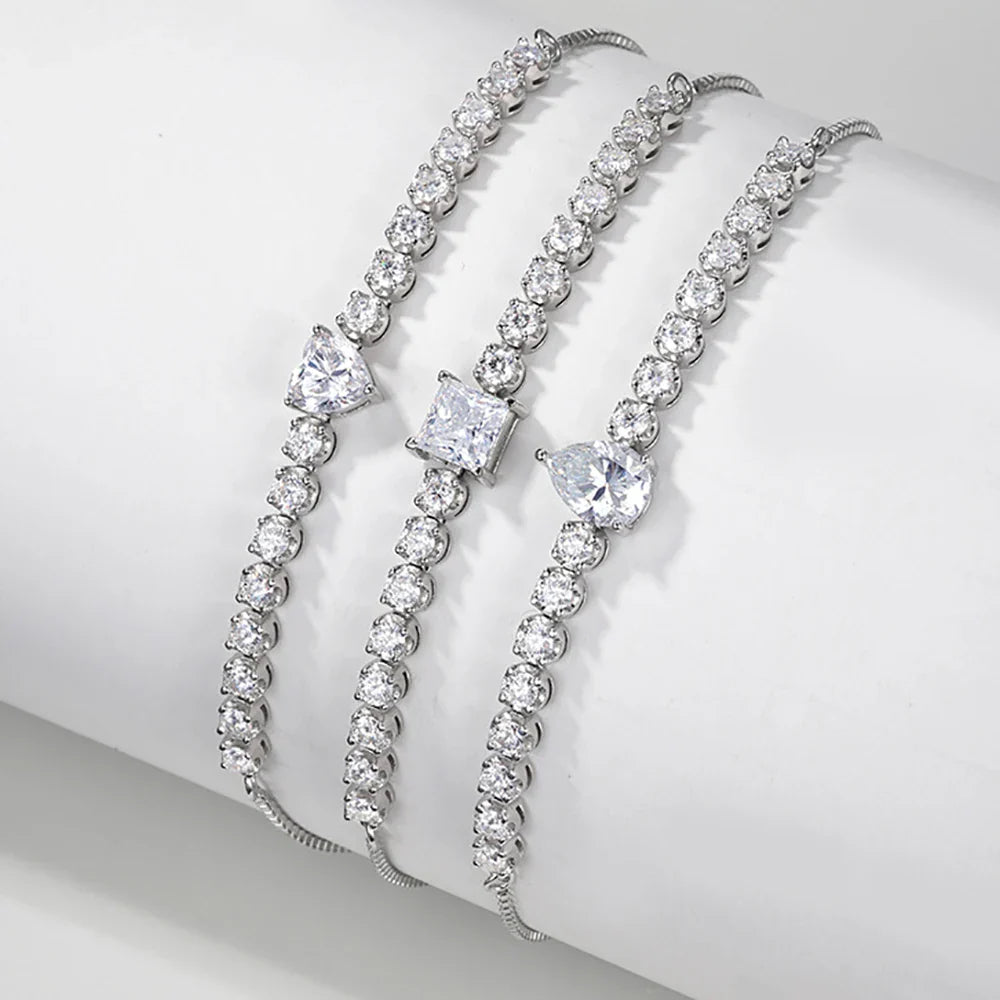 2.5mm Full Moissanite Tennis Riviera Bracelet With 6mm Heart Cut Diamond Adjustable Wrist Chain S925 Silver for Women Jewelry
