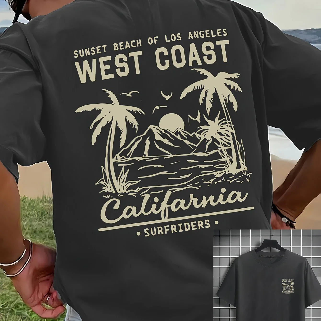 Summer Hot Selling Men's 100% Cotton T-Shirt, Casual Loose Fit, Retro California Beach Surf Print Short Sleeve Crew Neck T-Shirt