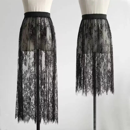 Transparent Sexy Lace Mesh Skirt Elastic High Waist Black White Tulle Mini Skirts Womens Skirt Korean Fashion Women's Skirt