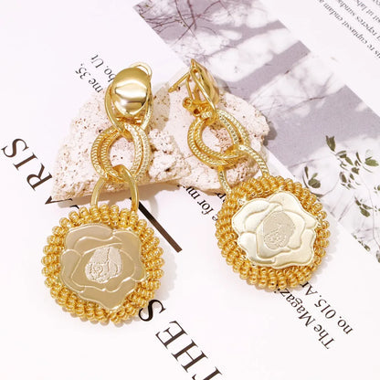 4Pcs Gold Color Rose Jewelry Set Exaggeration Big Drop Necklace Super Large Bracelet Long Earring Ring For Women Gift