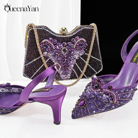 Purple Color Rhinestone Decoration Design Party Wedding Lady Pointed Toe High Heels and Bag Set