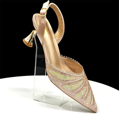 New Green Colour Pointed-Toe Diamond-Studded Party Women's High Heels Gorgeous Parties Shoes and Bag to Match