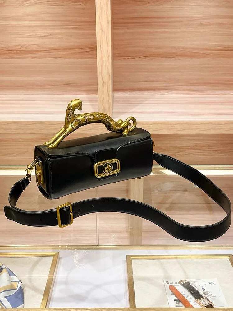 Square cowhide fashion personality versatile party shoulder bag with the same leopard handle bag high-end feeling women's bag.