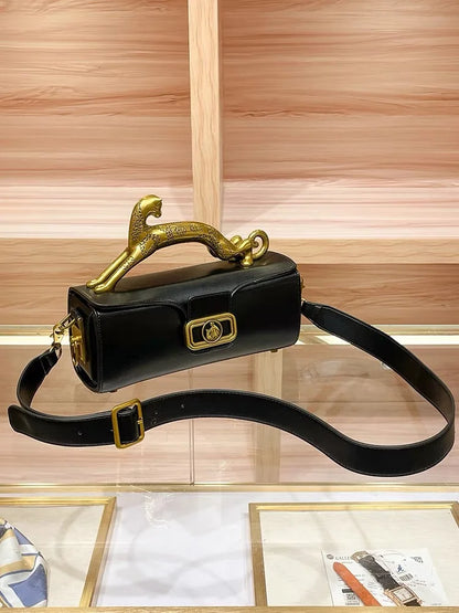 Square cowhide fashion personality versatile party shoulder bag with the same leopard handle bag high-end feeling women's bag.