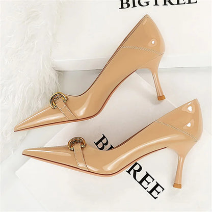 Women 7cm 10cm High Heels Wedding Bridal Replica Pumps Lady Scarpins Metal Chain Buckle Low Heels Stiletto Nude Green Prom Shoes