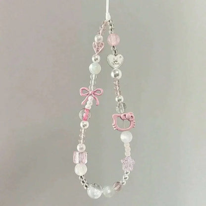 Cute Sanrio Hello Kitty Cat Pink Phone Chain Beaded Chain Keychain Jewelry Camera Hanging Rope Cartoon Kitty Phone Strap Gift