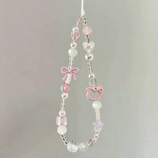 Cute Sanrio Hello Kitty Cat Pink Phone Chain Beaded Chain Keychain Jewelry Camera Hanging Rope Cartoon Kitty Phone Strap Gift