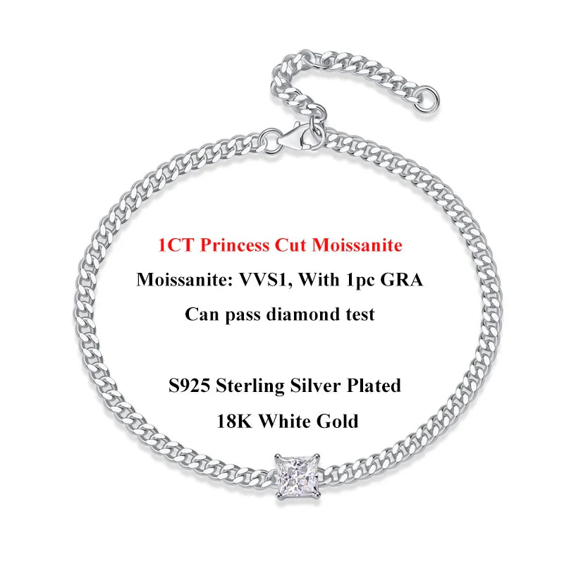 1CT Oval Cut D Color Moissanite Diamond Bracelet for Women 925 Silver Plated 18k Adjustable 16-21cm Cuban Link Bracelets